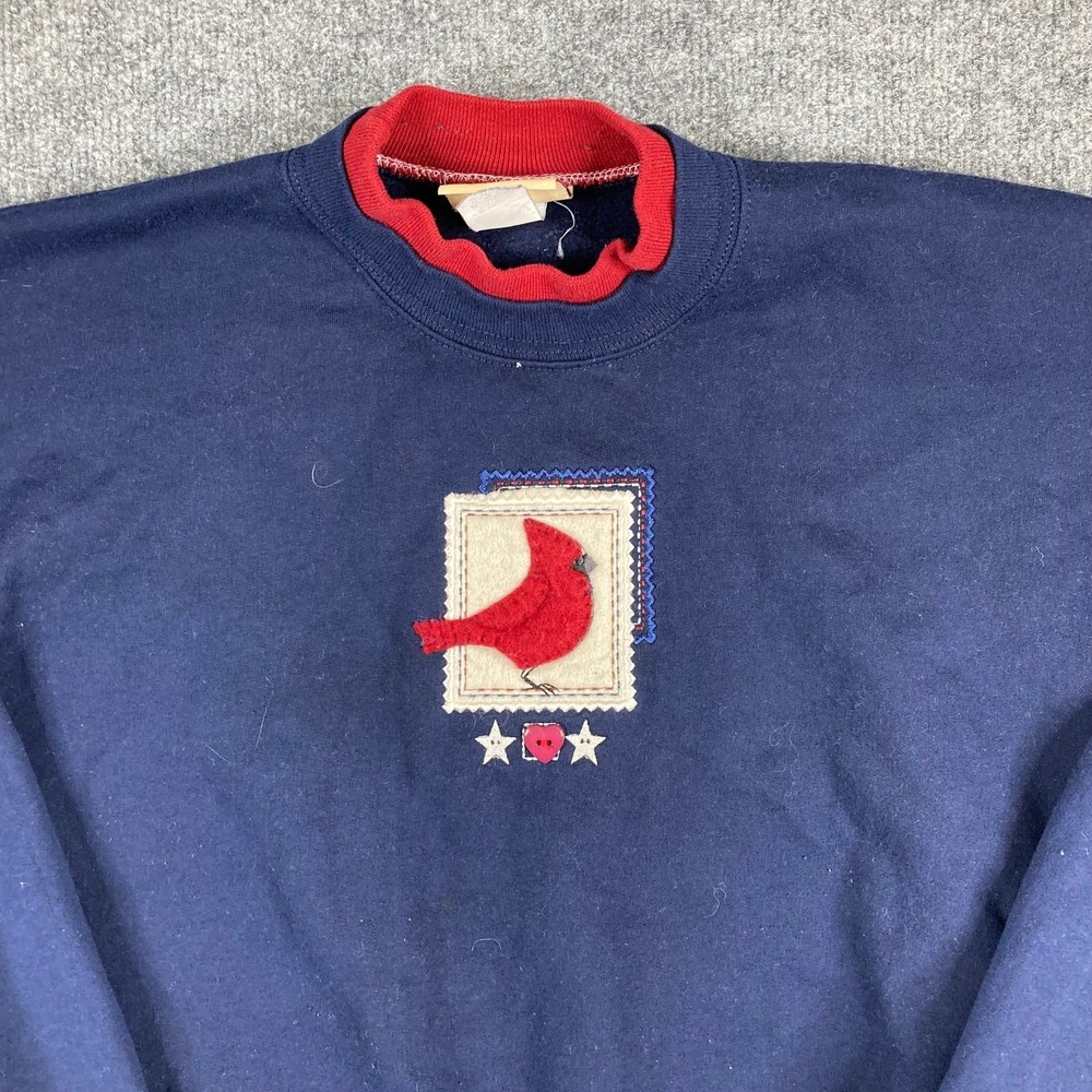 Top Stitch Sweatshirt Womens Size L Navy Red Cardinal Embroidered Bird‎